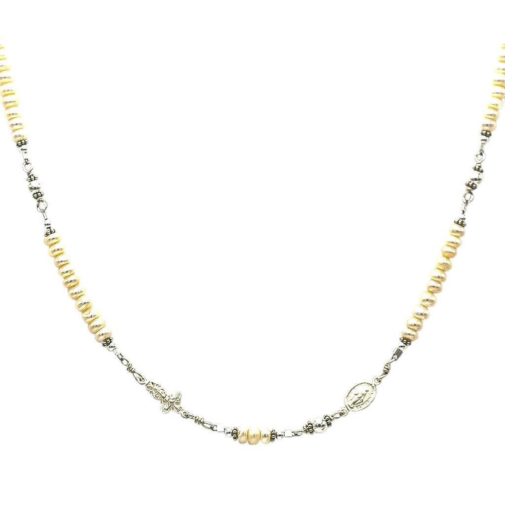 Sterling Silver Rosary Necklace, Pearl 6mm with Crucifix &amp; Miraculous Medal
