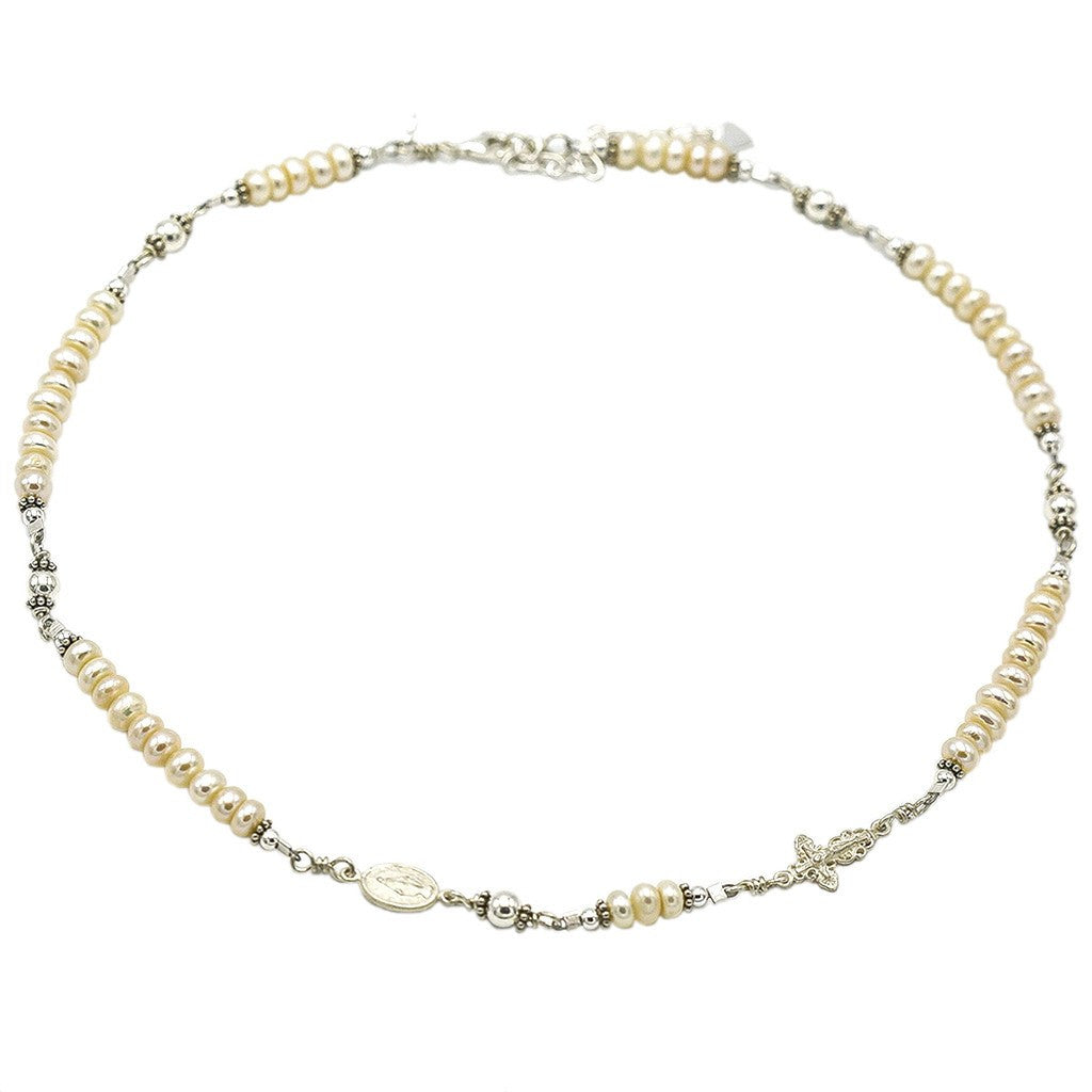 Sterling Silver Rosary Necklace, Pearl 6mm with Crucifix &amp; Miraculous Medal
