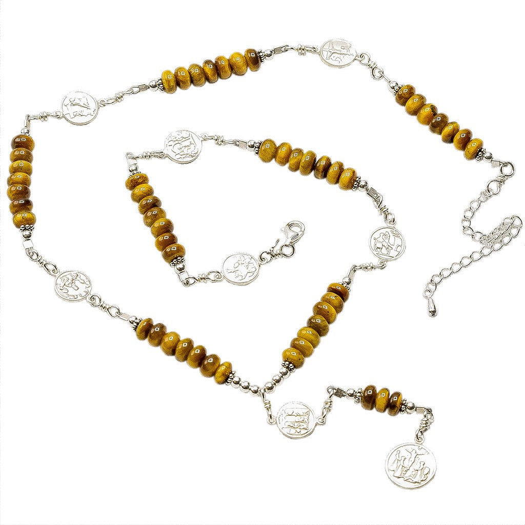 Sterling Silver 7 Sorrows Rosary Medal Set Tiger Eyes Necklace