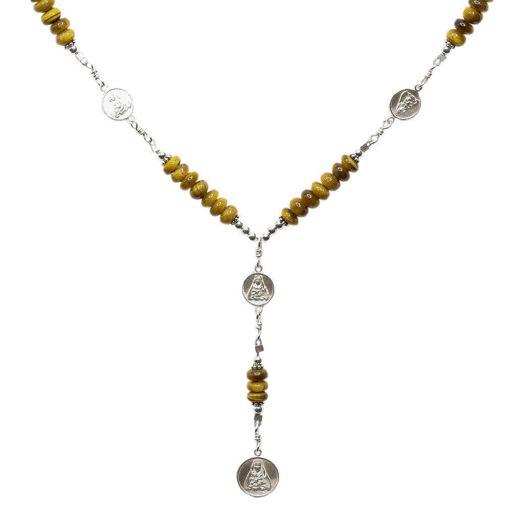 Sterling Silver 7 Sorrows Rosary Medal Set Tiger Eyes Necklace