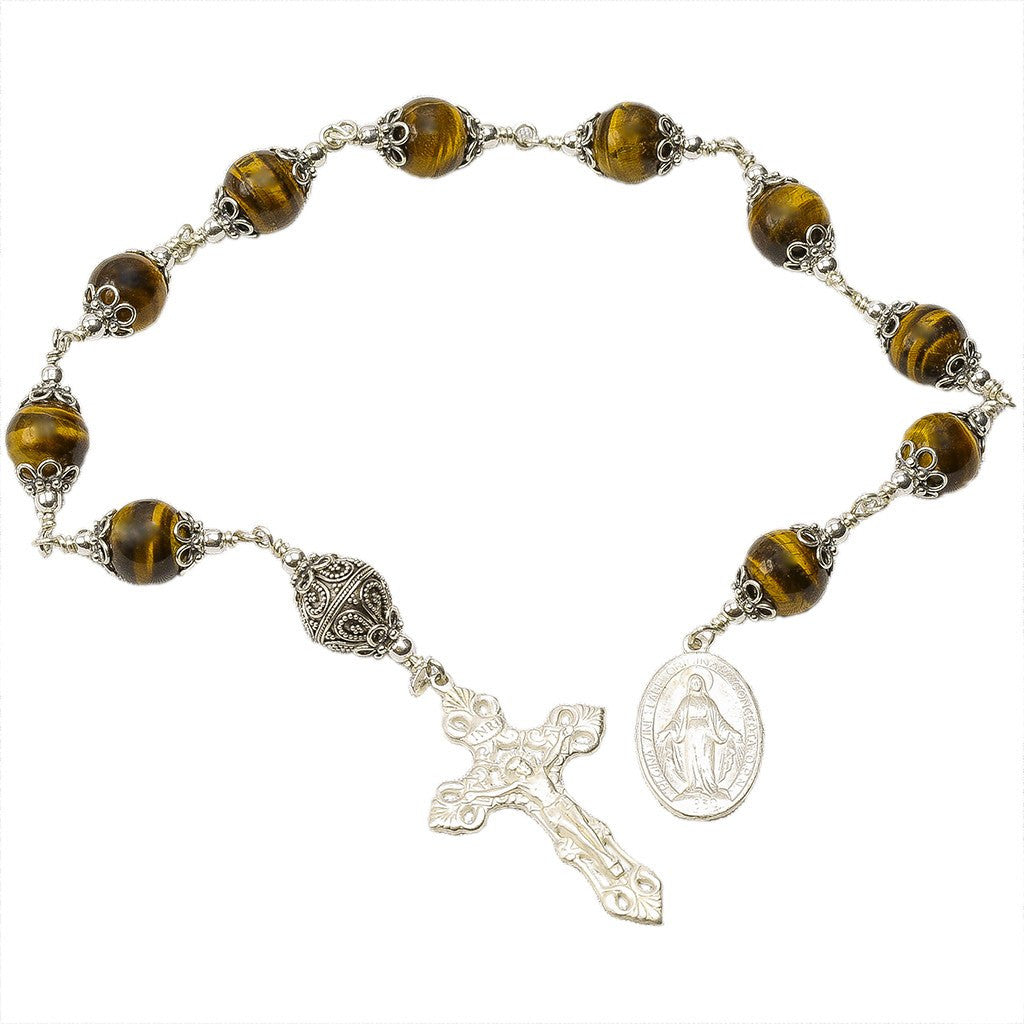 Sterling Silver Single Decade Rosary, 12mm Tiger Eyes