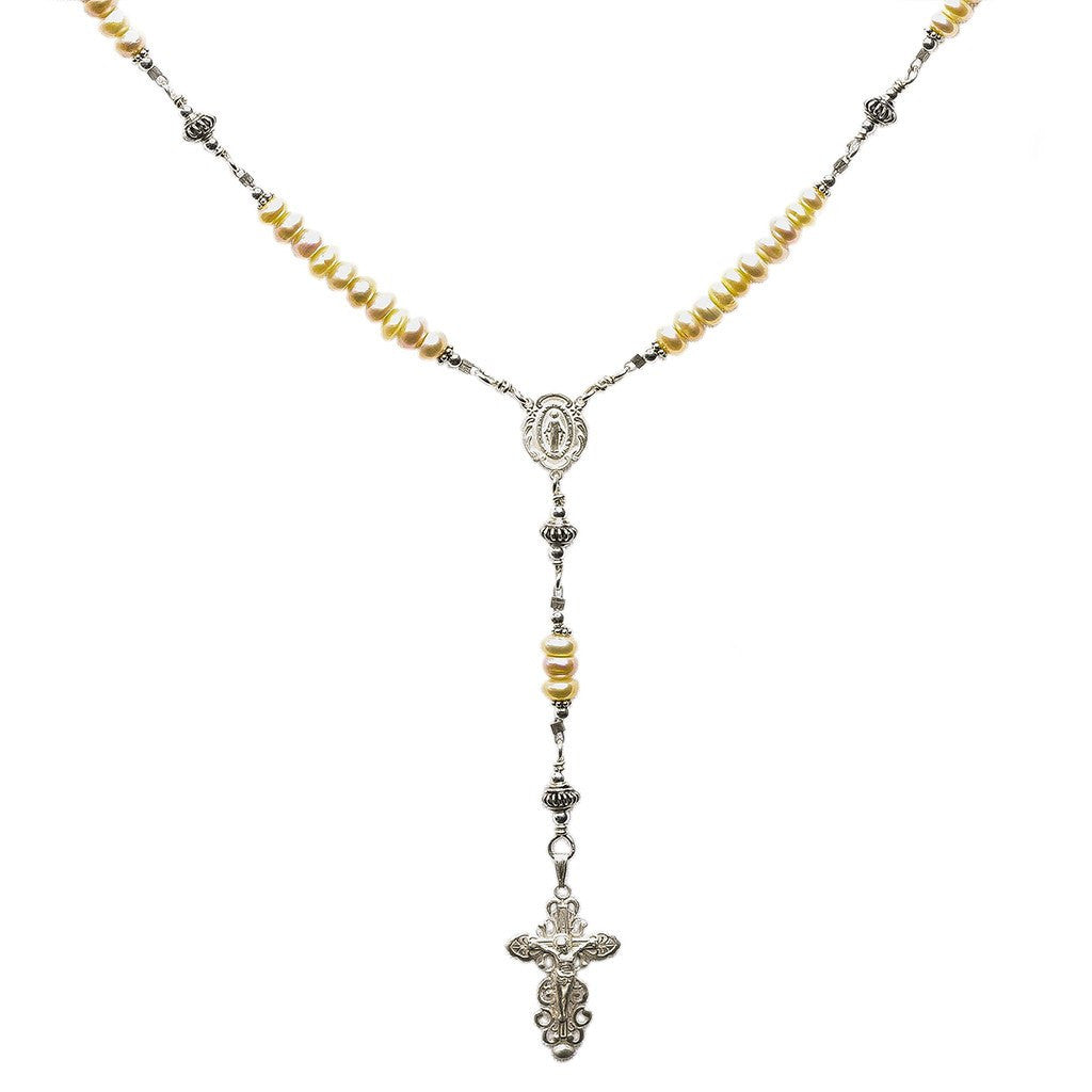 Sterling Silver Rosary Necklace, Freshwater-Cultured Pearl