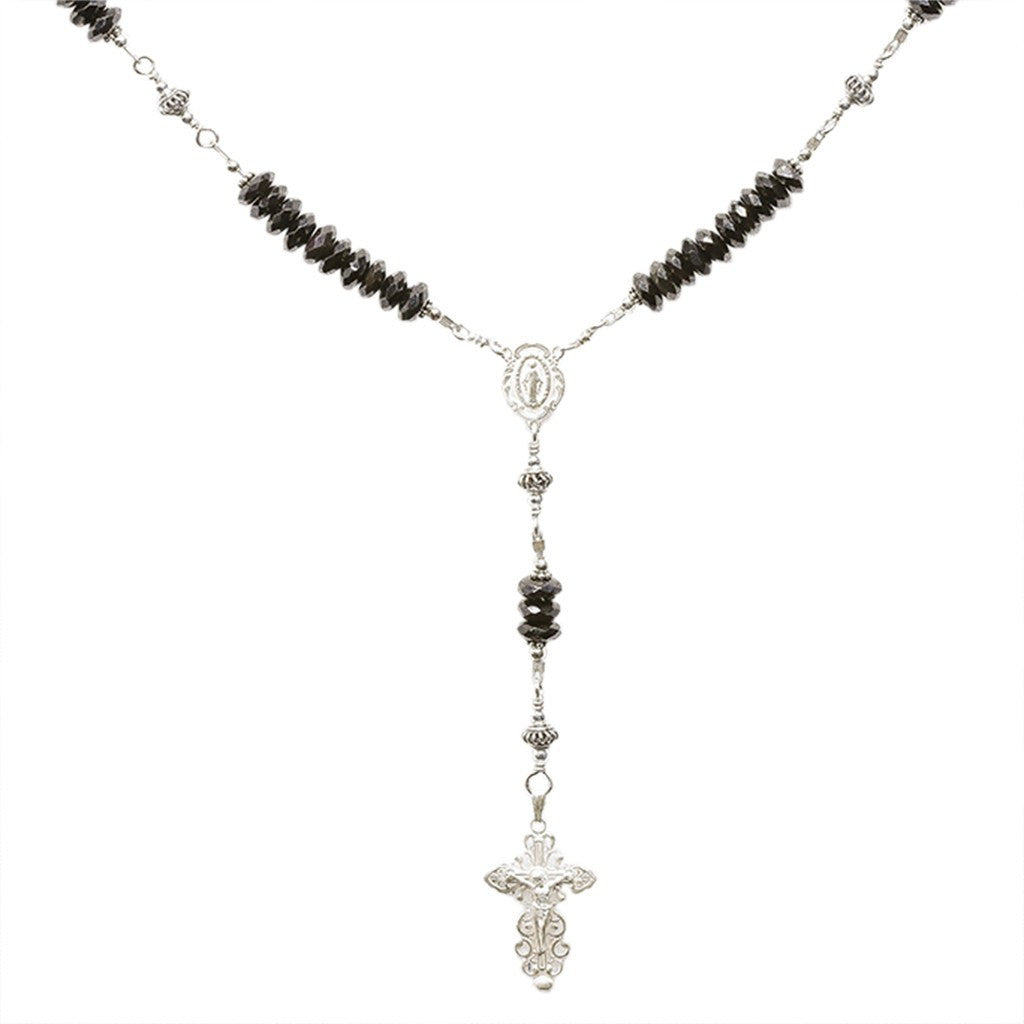 Sterling Silver Rosary Necklace with 6mm Faceted Onyx Gem beads