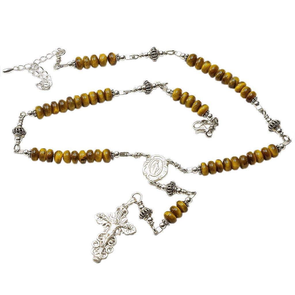 Sterling Silver Rosary Necklace Tiger Eyes 6mm